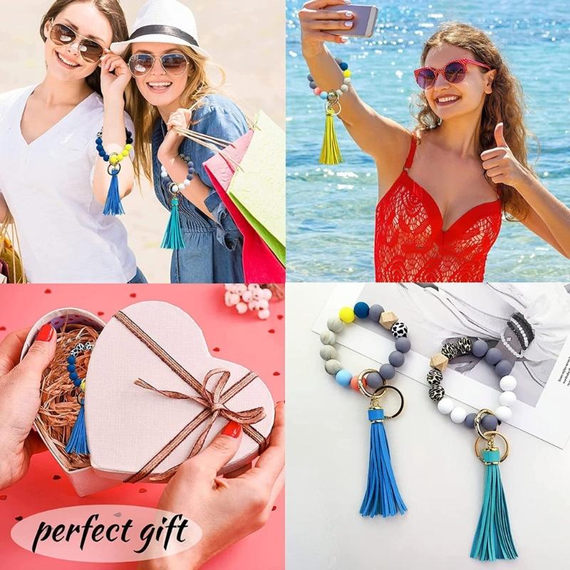 Beaded Making Kit for Bracelet Car Wristlet Keychain Contains 15mm Round Letter Beaded Leather Tassel Elastic for Key Ri