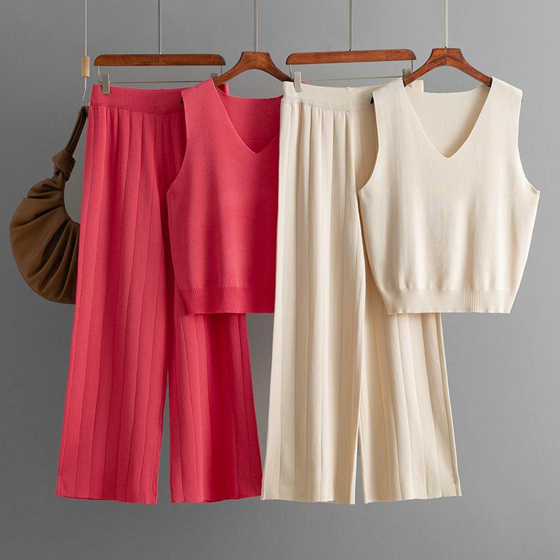 Summer Fashion Set V-neck Solid Color Knitted Tank Top High Waist Casual Wide Leg Two Piece Set