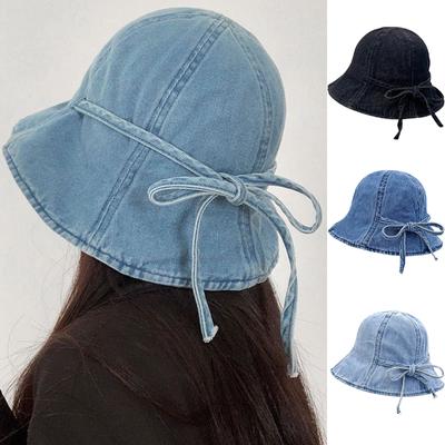 Neue Denim-Bucket-Hüte mit Schleife für Damen Baumwolle Fischerhut Korea Schnürung Lässig Vielseitig Retro Beckenhut Sonnenschutzhut