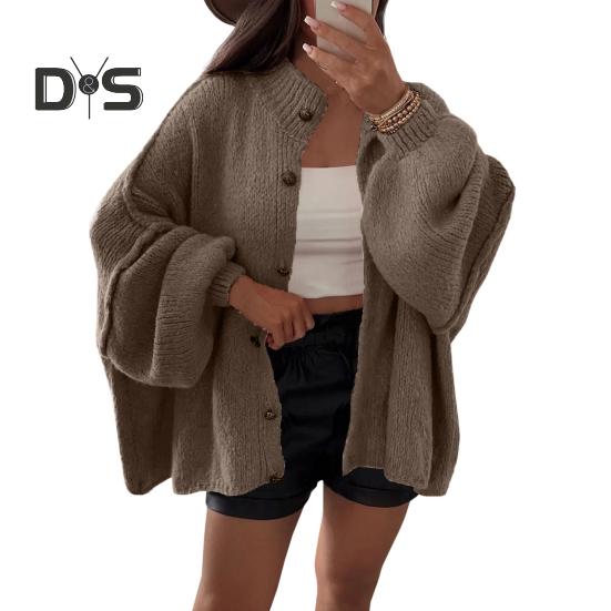 

Женский свитер большого размера, пальто с круглым вырезом, фонарь, длинный рукав, однобортный, вязаный, верхняя одежда, повседневный, свободный трикотаж L хаки