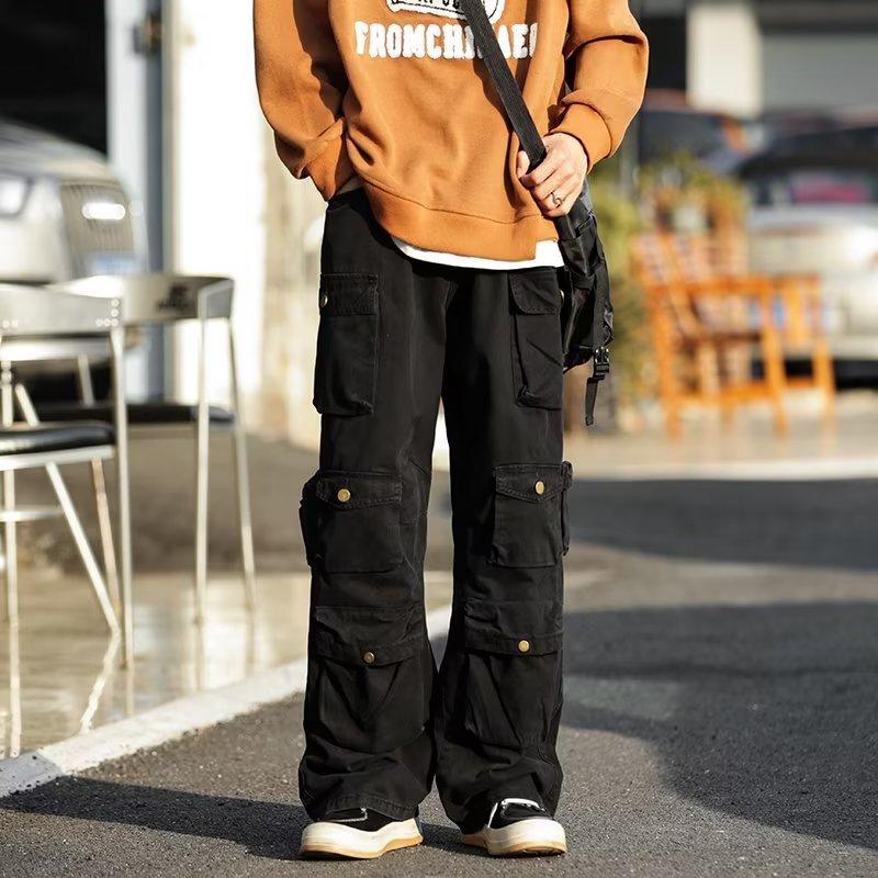 High Street trendy brand casual trousers men's autumn new cotton loose straight wide-leg trousers multi-pocket overalls