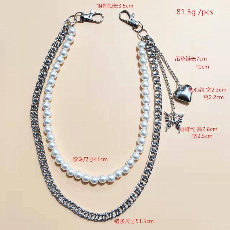 South Korea INS Harajuku Style Personalized Street Shot Jeans Pearl Chain with Butterfly Peach Heart Pendant Men's and Women's Same Waist Chain