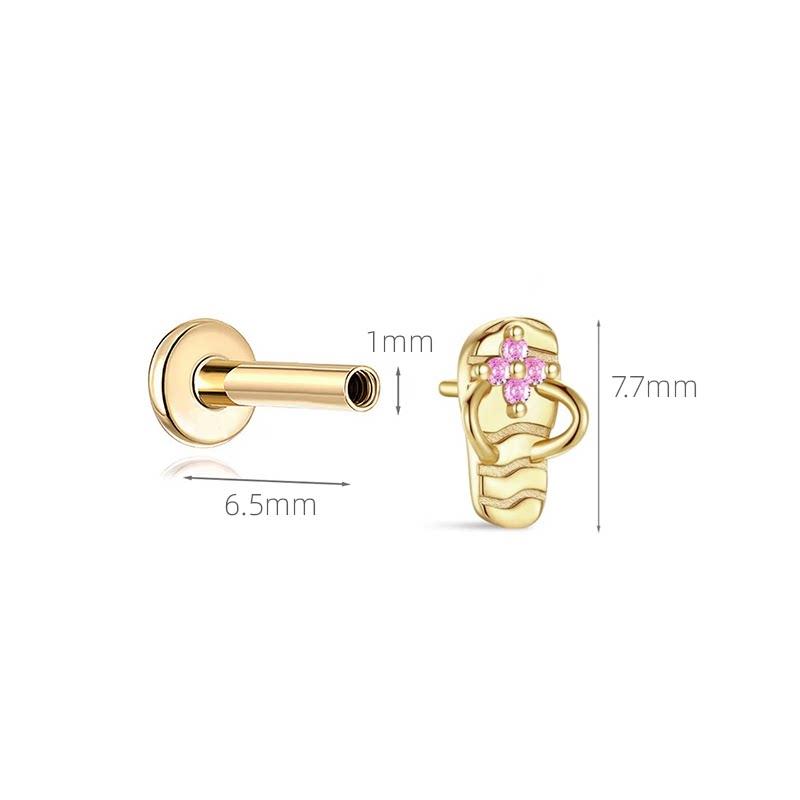 Custom High Quality Solid 18K Gold Bear Internally Threaded Earrings Pink Diamond Inlaid Cartilage Studs Cute Piercing Jewelry 1pcs