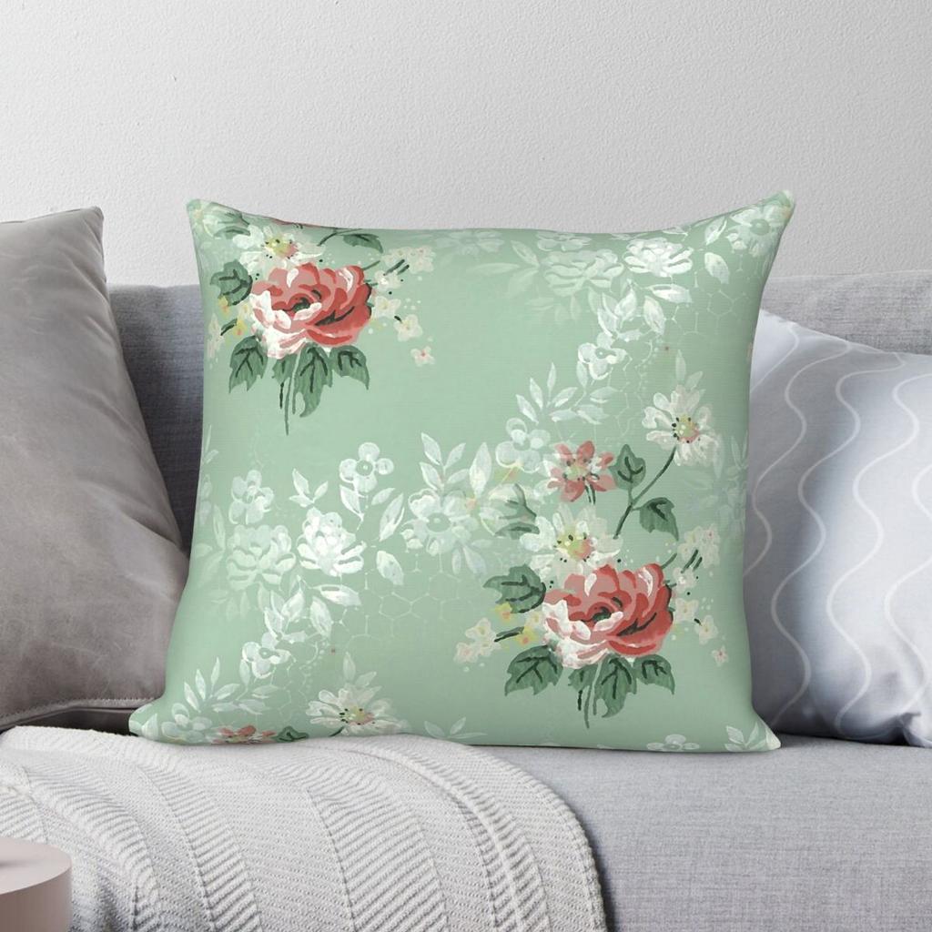 Shabby Chic Pastel Mint Floral Square Pillowcase Polyester Linen Velvet Creative Zip Decorative Pillow Case Bed Cushion Cover