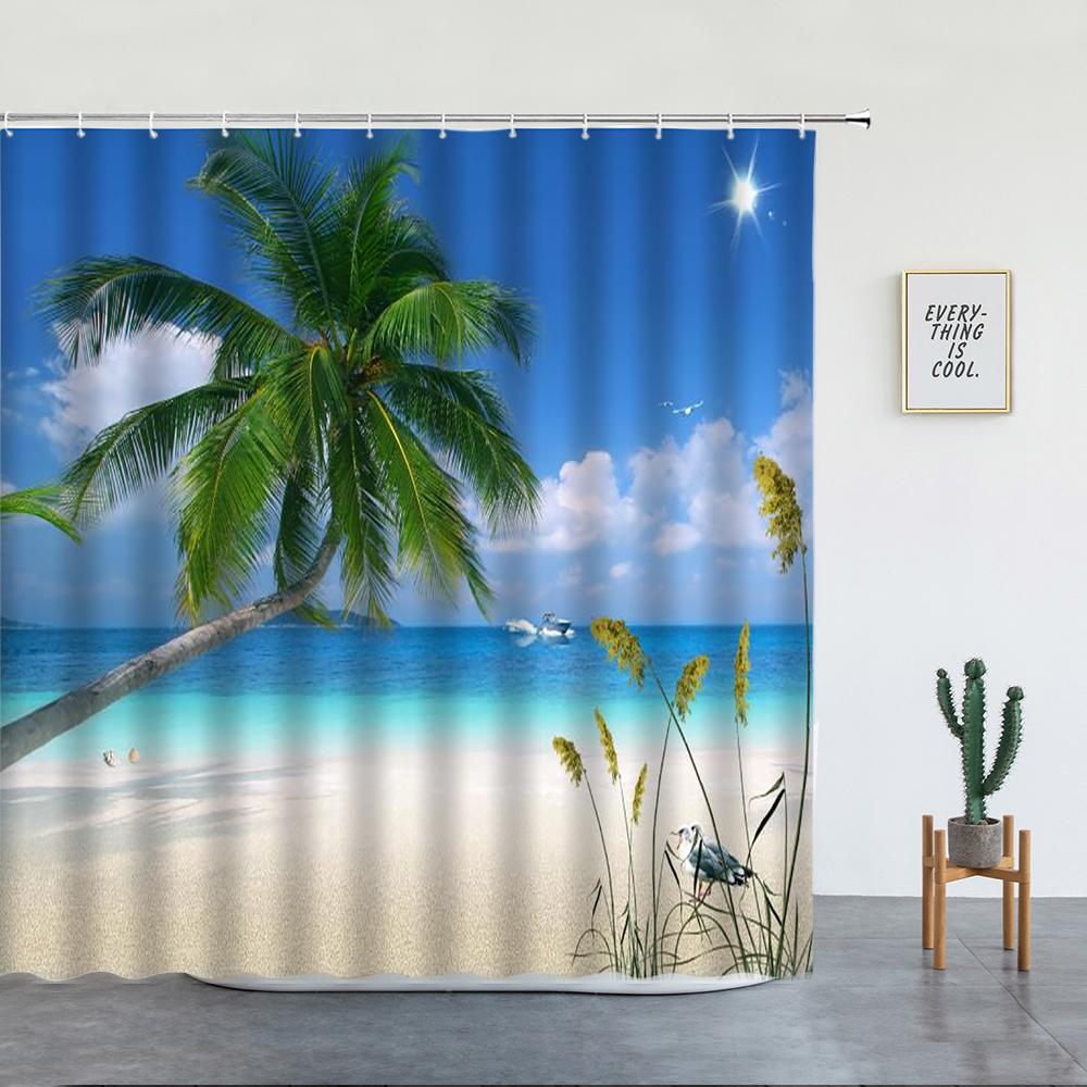 Beach Palm Trees Shower Curtains Sunset Island Hawaii Ocean Natural Landscape Polyester Bathroom Decor Cloth Bathtub Curtain Set