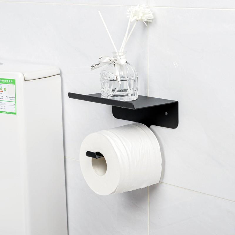 Wall Mounted Toilet Paper Holder Bathroom - No Drill Adhesive Or Screw Installation Black Metal Square Design Modern