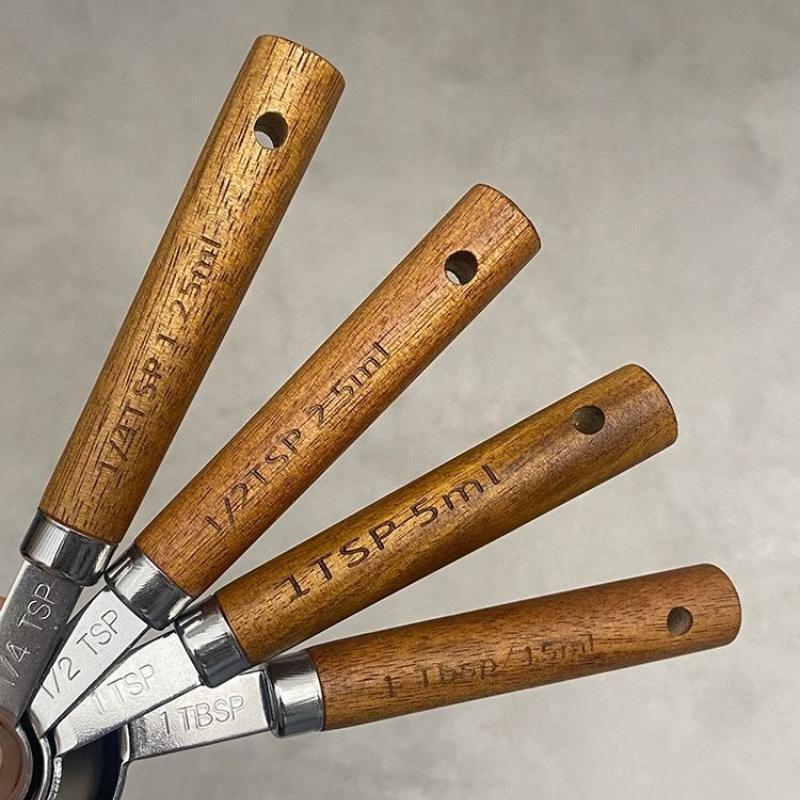 4Pcs Wooden Handle Stainless Steel Measuring Cups Spoons Baking Tools Coffee Measuring Spoon Set Bartending Scale Accessories