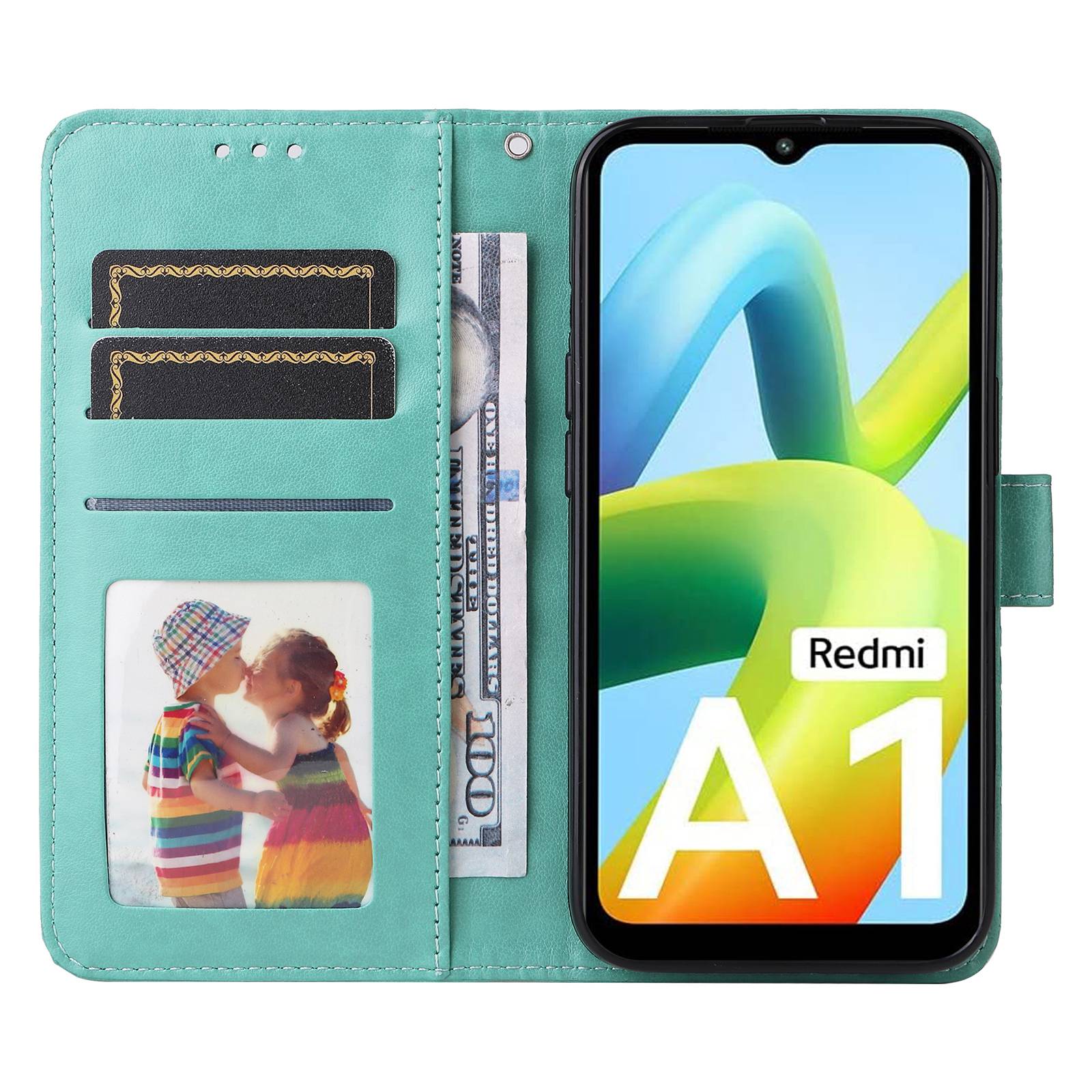 

For Xiaomi Redmi A1 4G/A2 4G Sunflower Imprinted PU Leather Wallet Case Foldable Stand Full Body Protection Cover with Hand Strap Green