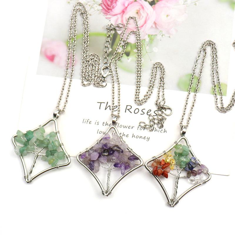 Handmade Winding Square Tree Of Life Necklace Gravel Crystal Pendant N92