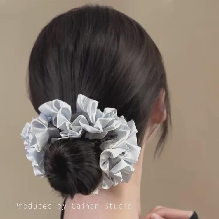 MONA Floral Satin Lace Hair Ring: Elegant French-Style Pleated Bun Accessory