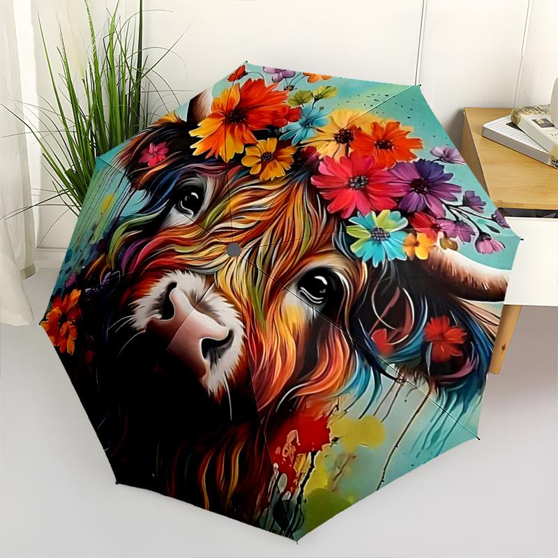 

1pc Floral Majesty Highland Cow Pattern Beautiful Looking Automatic Folding Practical Umbrella, 3 Folding, 8 Iron Frame Design, Durable and Suitable f