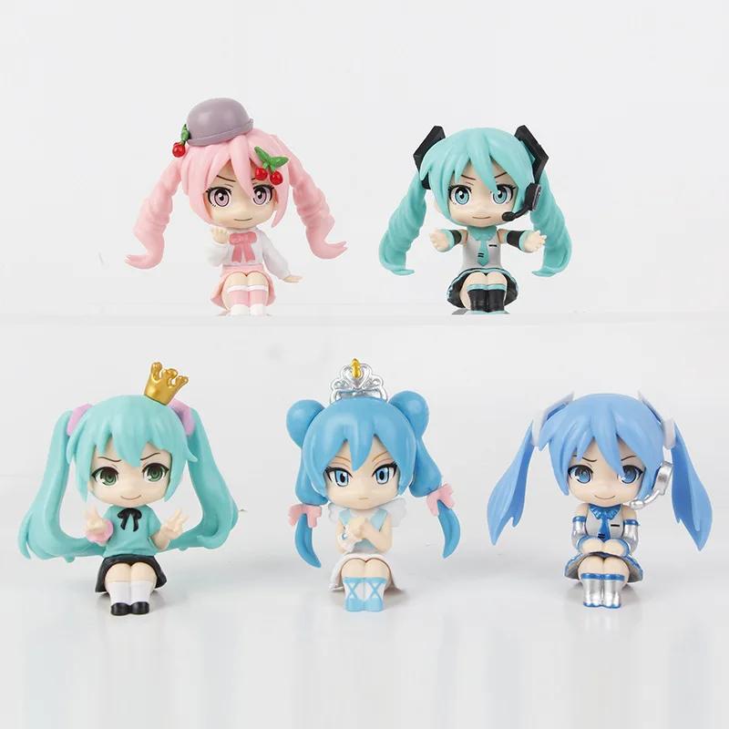 5pcs/set Hatsune Miku Q Version Sitting Posture Kawaii Birthday Gift Anime Girl Figures Super Cute Unique Kids Christmas Toys