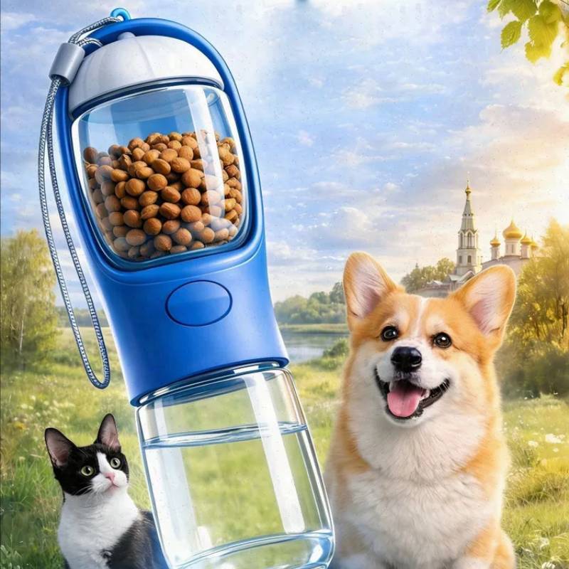 Pet Water Bottle With Feeder For Dogs And Cats Outdoor Travel Portable Plastic