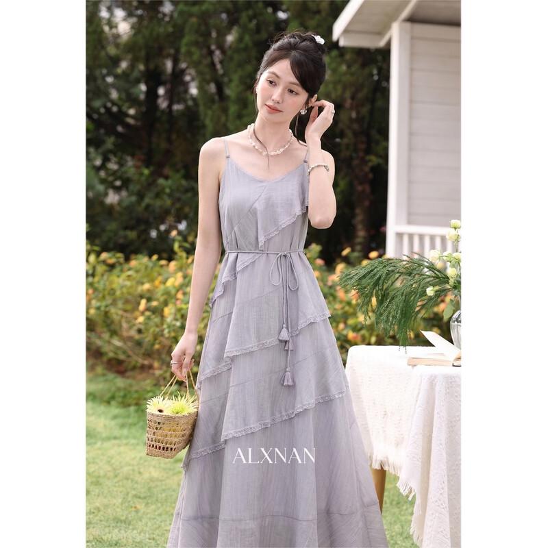Luxiangnan Women s Summer Purple Spaghetti Strap Cake Dress L