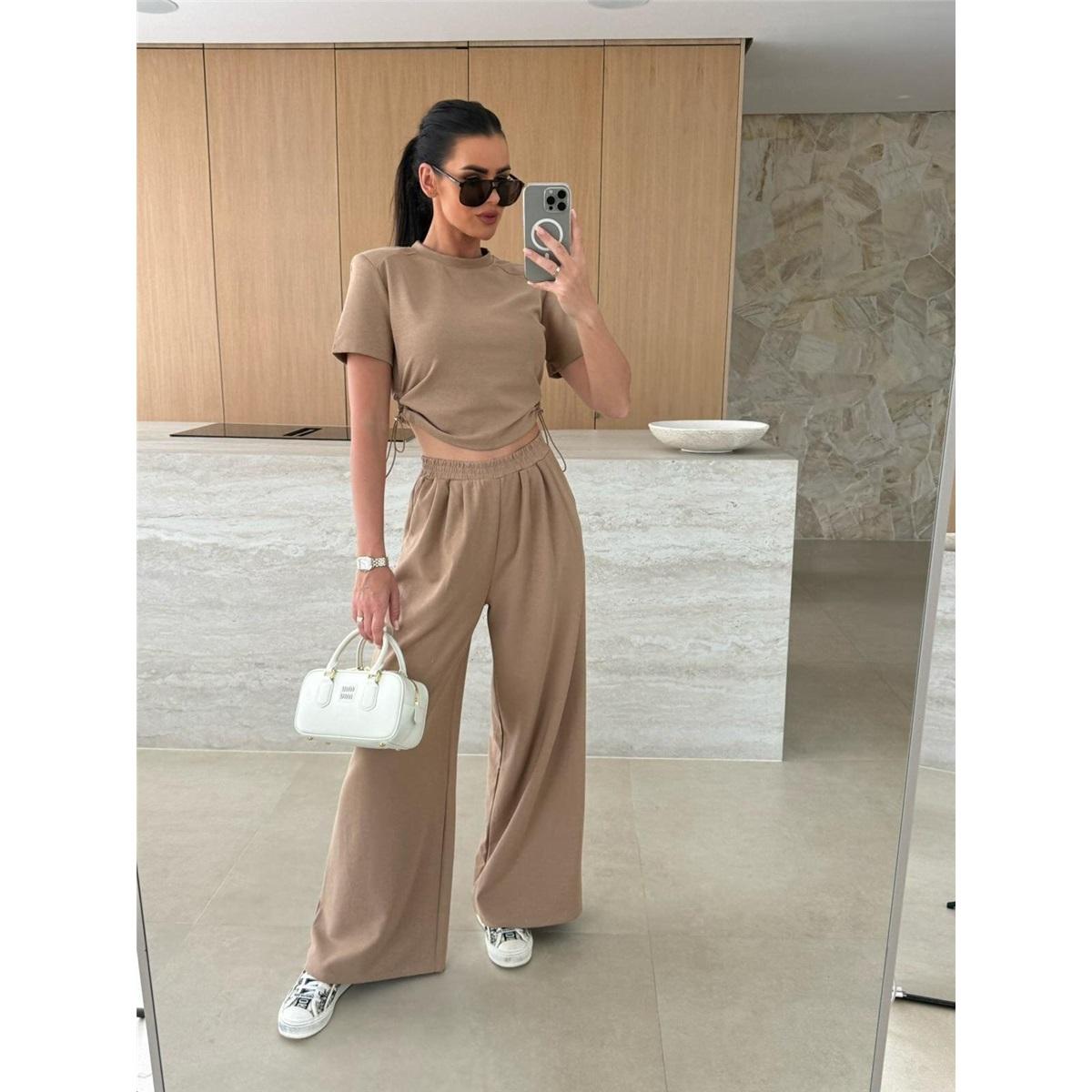 

Летний новый модный повседневный однотонный костюм футболка широкие брюки комплект из двух предметов для женщин XL