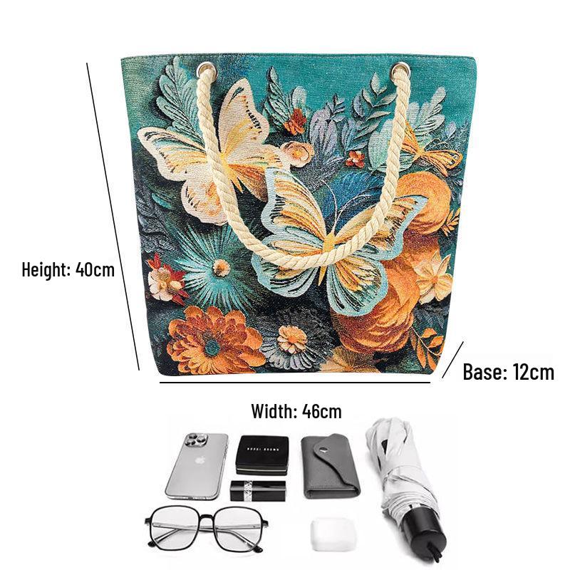 Trendy Gold Silk Jacquard Butterfly Canvas Shoulder Bag