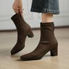 New Elastic Suede Large Size Women's Boots Solid Color High Heel Medium Boots Women's Rear Zipper Beef Tendon Soft Bottom Korean Version Fashion Boots