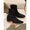 Skinny boots versatile single boots trendy short boots black new rear zipper women's square head elastic boots commuter low heel