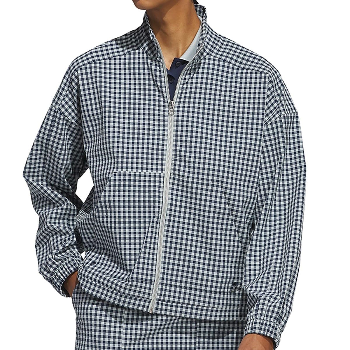 

Гольф Гингем с длинным рукавом, колледж серебро [Adidas Golf] Женская куртка, клетка, молния, куртка, темно-синий/чудо