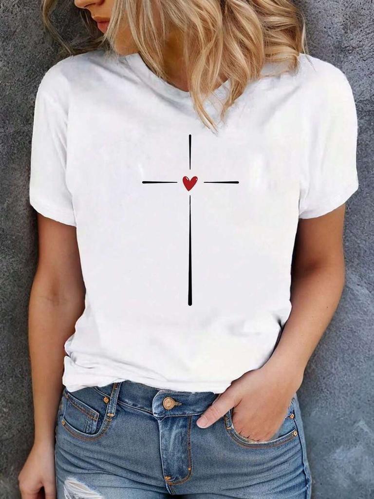 Female Heart Cross Print Casual Tshirt Crew Neck Short Sleeves Sports Tee Unisexs Comfy Tops Streetwear Unisex Crew Neck Tees
