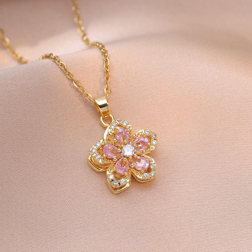Purple Bauhinia Zirconia Flower 360° Rotatable Necklace for Women – European & American Style, New Five-Petal Design