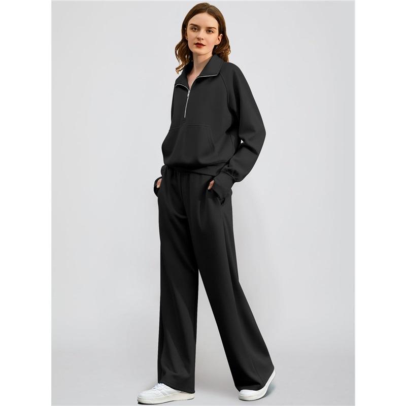 Europe America And The United States Women's Two Piece Oversized Zipper Sweatshirt Wide Leg Sweatpants Casual Suit