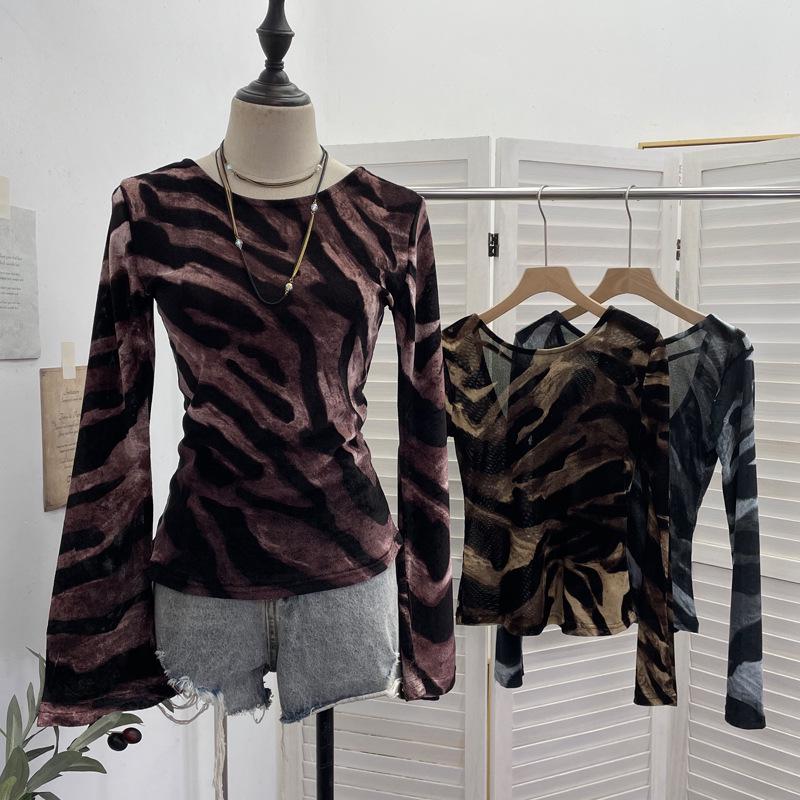 Damen Exklusives rückenfreies Leopardenmuster Schnürung Langarm Slim Fit Oberteil