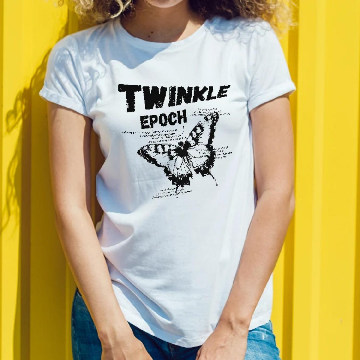 Women s round neck butterfly and letter printing casual spring and summer T-shirt fashionable and unique S