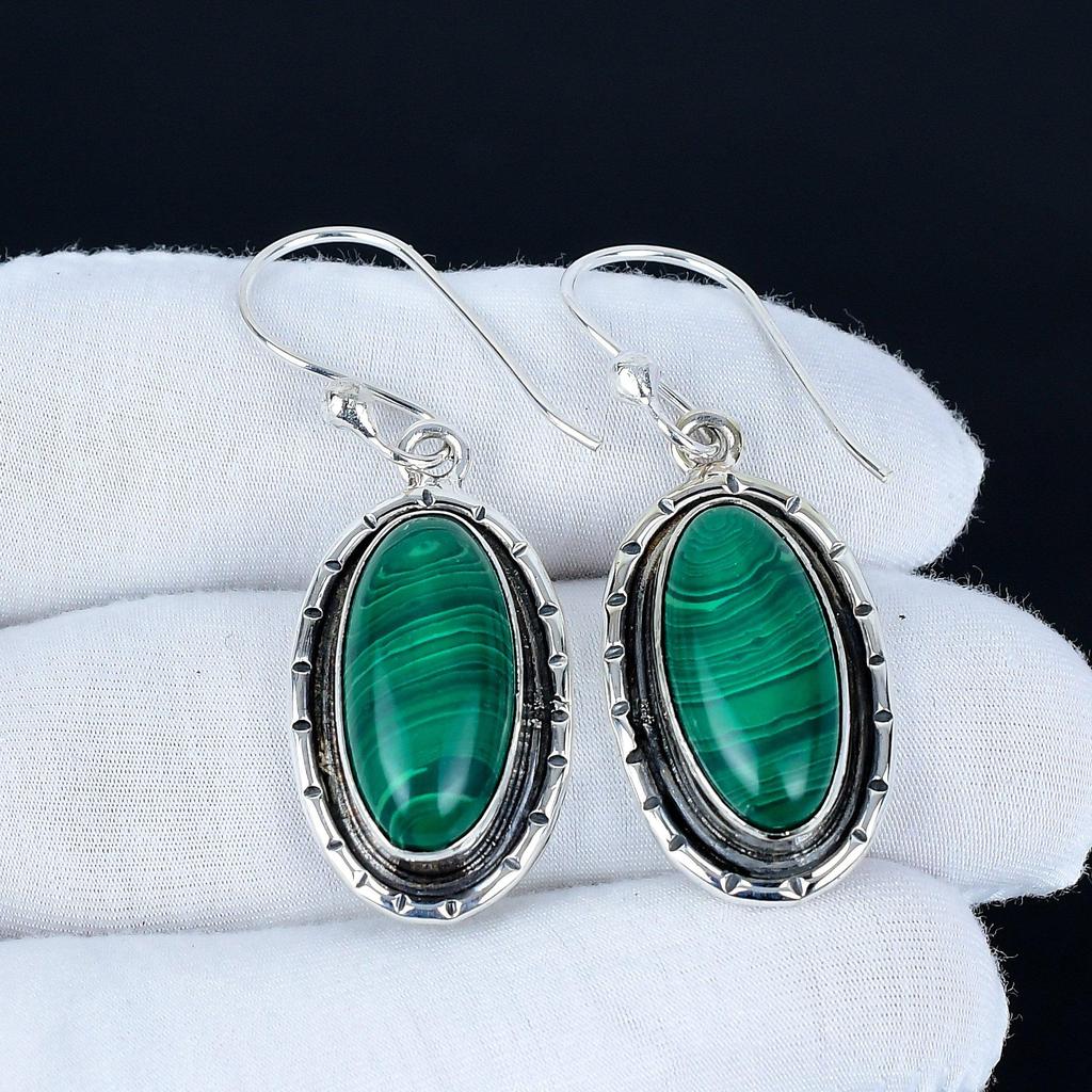 Natürliche Malachit Edelstein Ohrringe, 925 Sterling Silber Ohrringe, Handgefertigte Silberohrringe Als Geschenk, Malachit Hängeohrringe Damen Geschenk