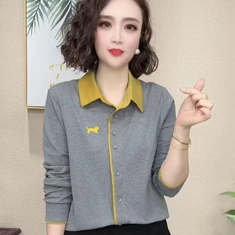 

YYFS Женские модные повседневные весенне-осенние блузки и рубашки с принтом в стиле колор-блок, с длинным рукавом и воротником поло XXXXXL