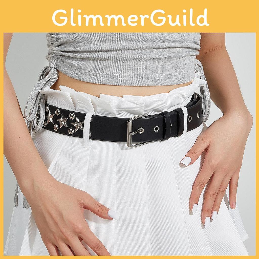 New Star Studded Fashionable Punk Style Wide Belt For Women's Jeans Faux Leather Material