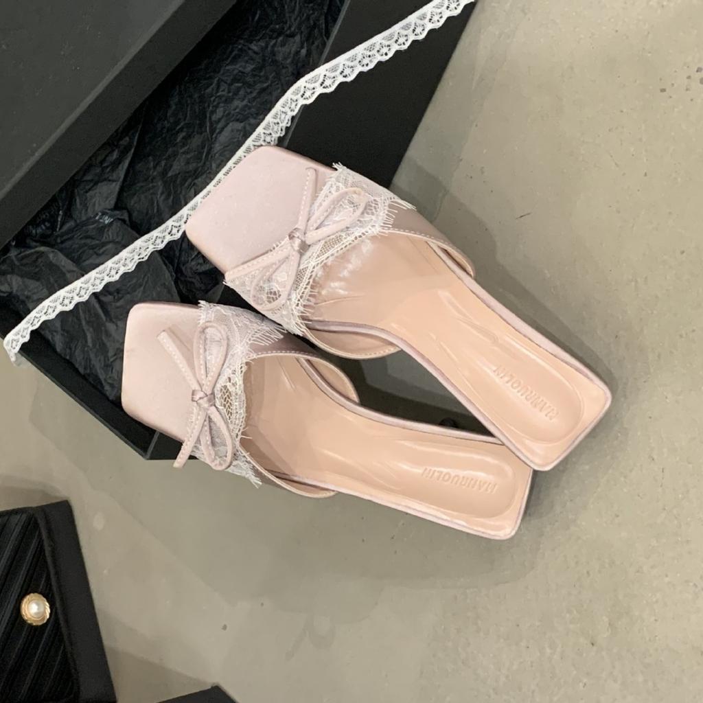 French Niche Bag Head Sandals Gentle Bow Pointed High Heels Lace Pure Desire Satin Stiletto Empty Shoes