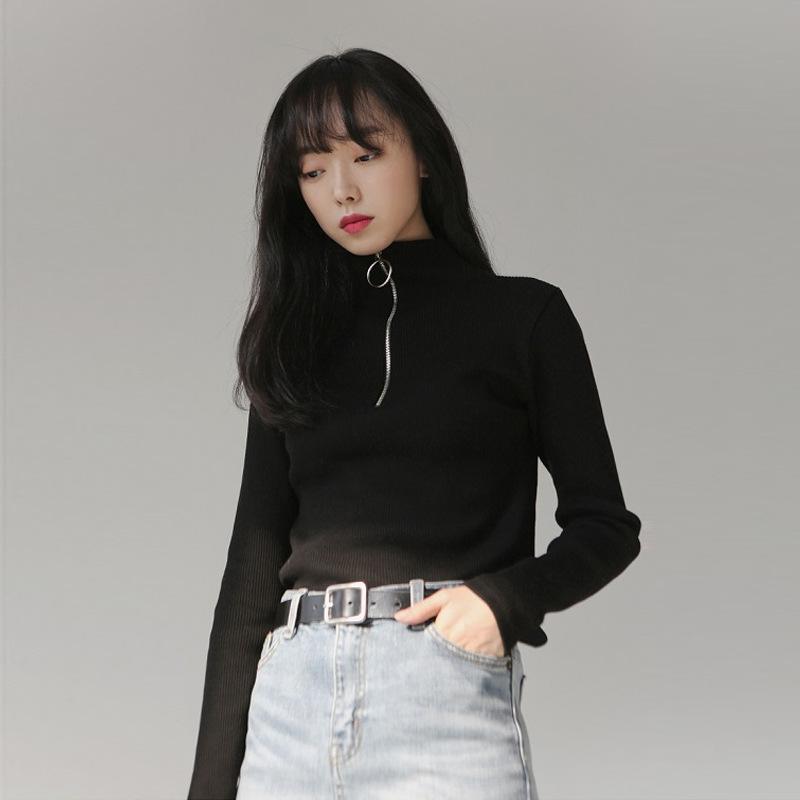 Autumn and Winter Sweater Women's Half Turtleneck Ring Zipper Slim Outer Wear Long-sleeved Mid-neck Bottoming Shirt Knitted Sweater Top