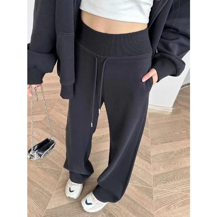 Black Sweatpants Women's Spring and Autumn Straight Autumn and Winter Trousers High Waist Casual Lazy Wind Loose Wide-legged Guard