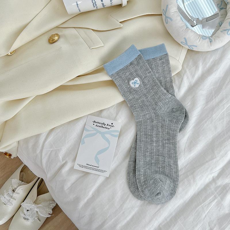 Boneless Love Embroidered Socks, Mid-Leg Socks, Thin Cotton Trendy Korean Bow Stockings