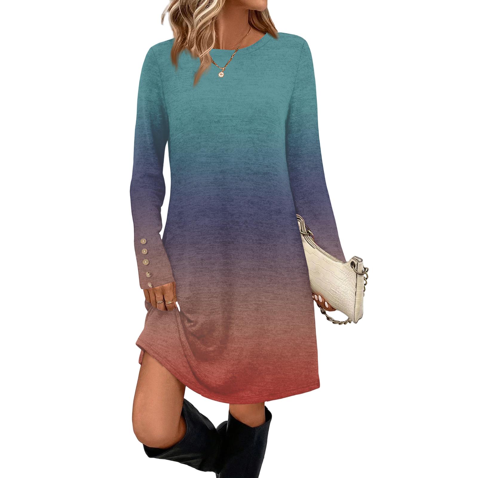 

Женское модное повседневное платье с карманом, декоративными пуговицами, круглым вырезом и длинными рукавами XL циан