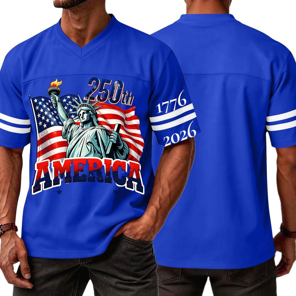 Men's Casual V Neck Jersey 250th America Independence Day Printed Short Sleeve Sports T Shirt Top with Lettering