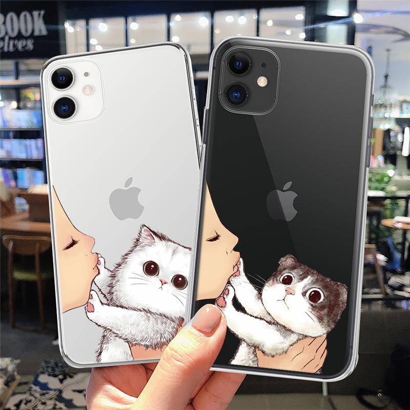 Cute Cat Phone Case For iPhone 13 12 11 Pro Max X XR XS Max 7 8 6 6s Plus 12 13 Mini 5 5S SE2020 Soft TPU Transparent Back Cover