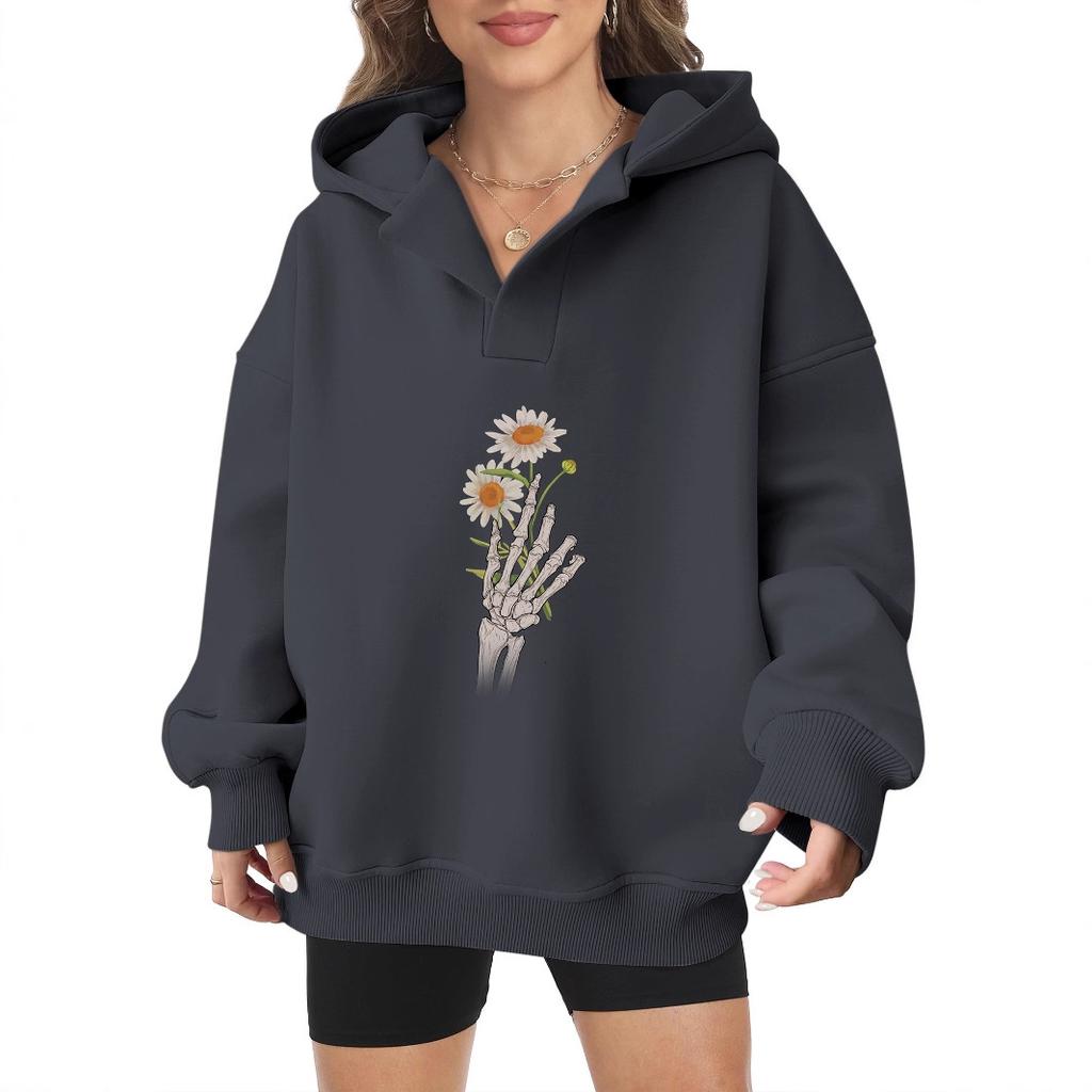 2025 new European and American Halloween women's hooded sweater front and rear pattern winter fleece loose casual