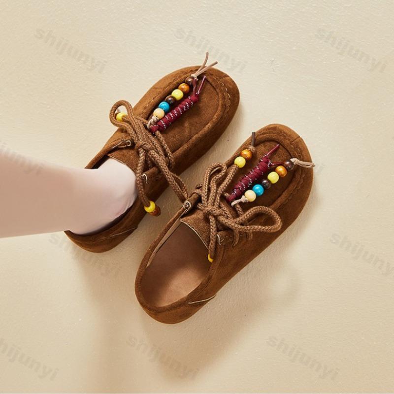 Loafers Shoes for Women Full Coverage Fashion Beaded Comfortable Flat Shoes Casual Lace Up Vintage Slip On Shoes Zapatos Cómodos