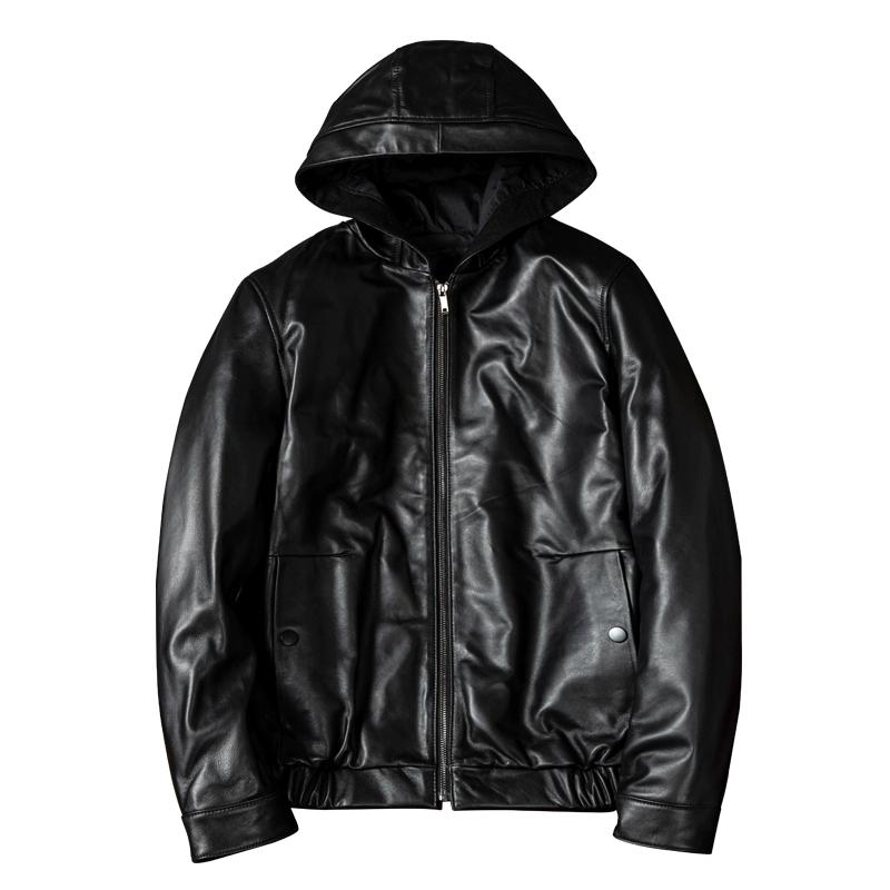 New Genuine Leather Hooded Jacket for Men Pure Top Grain Cowhide Casual Big Size Autumn Winter Coat