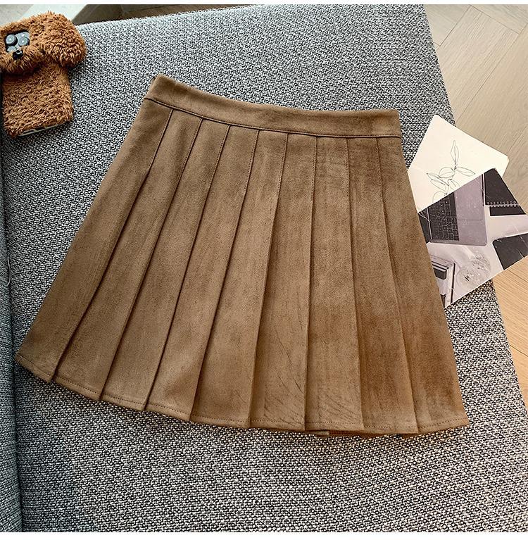 Coffee Maillard Suede A-line Pleated Skirt - Women's Autumn/Winter Petite Leather-look Skirt
