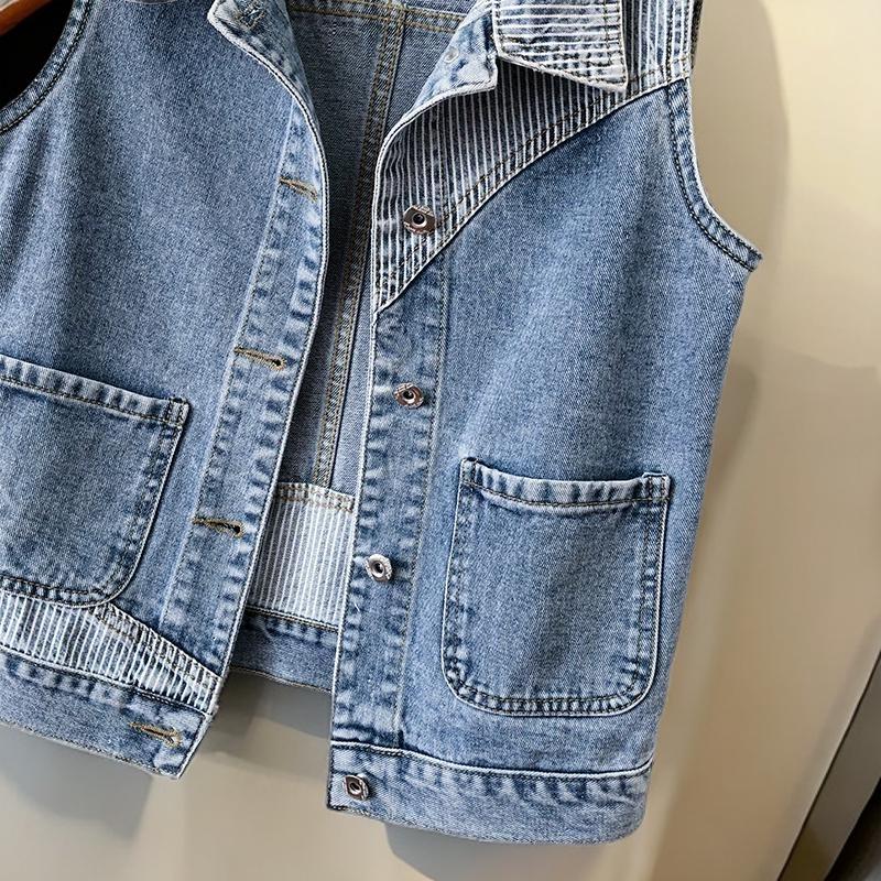 Trendy Striped Denim Vest Women Short Jacket Slim Fit Casual Spring Fall Fashion