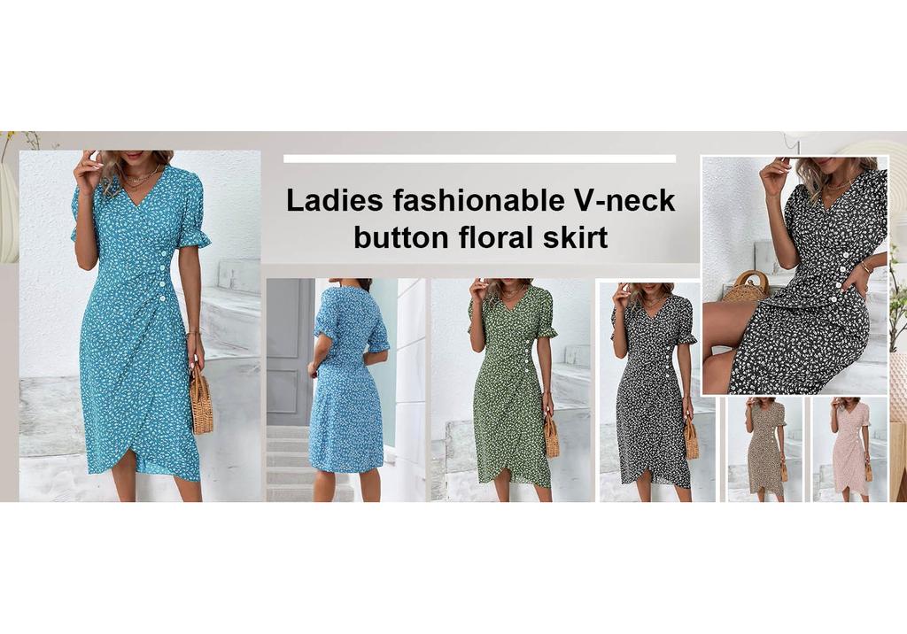 Women's Summer Casual Dress V Neck A-line Boho Ditsy Floral Sleeve Wrap Hem Dress