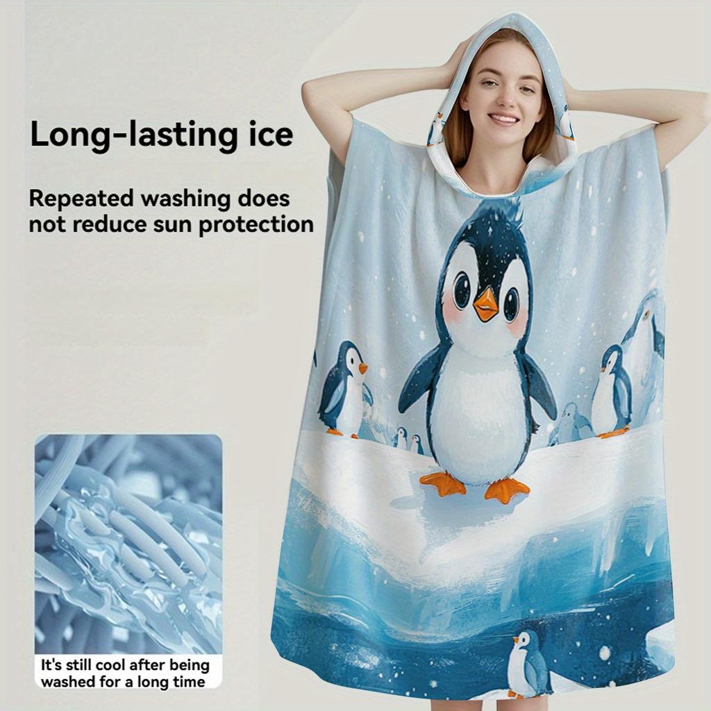 Cooling Fabric Penguin Flat Print Hooded Poncho Towel Sun Protection Beach Cape for Women Kids Summer Swimming Bath Robe