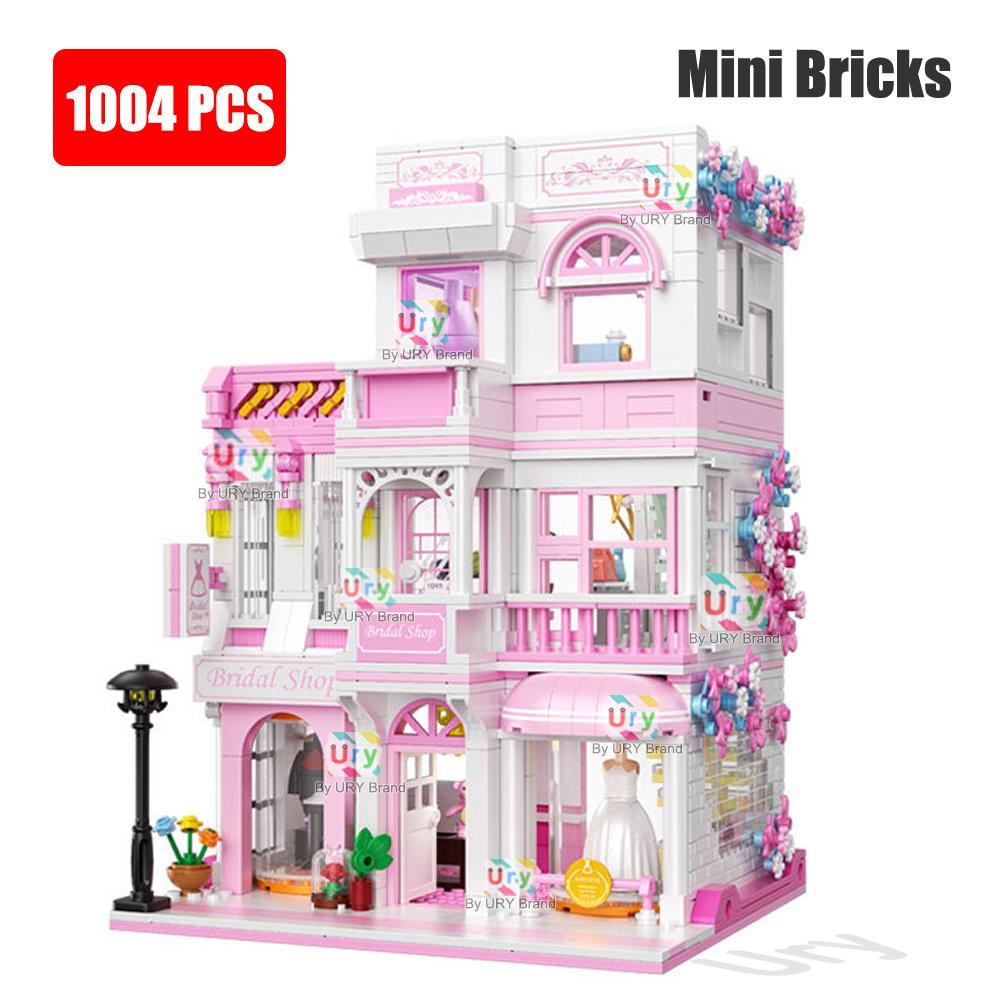 Mini City Street View Friends House Pink Wedding Dress Shop Modular Villa with Light MOC Architecture Building Block Set for Kid