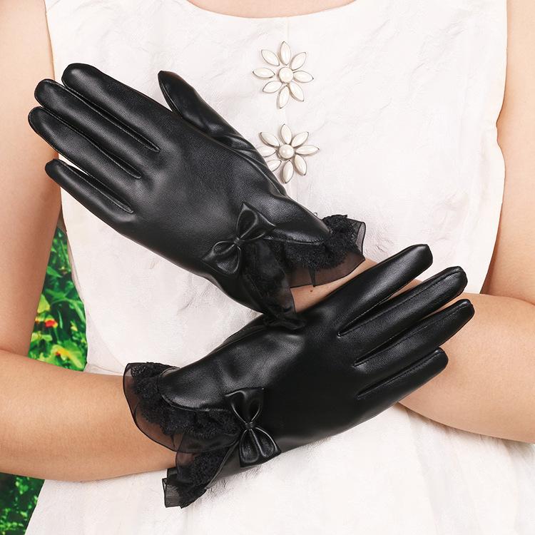 Winter Warm Gloves for Women's New PU Leather Lace Bow Winter Plus Velvet Thickened Touch Screen Gloves