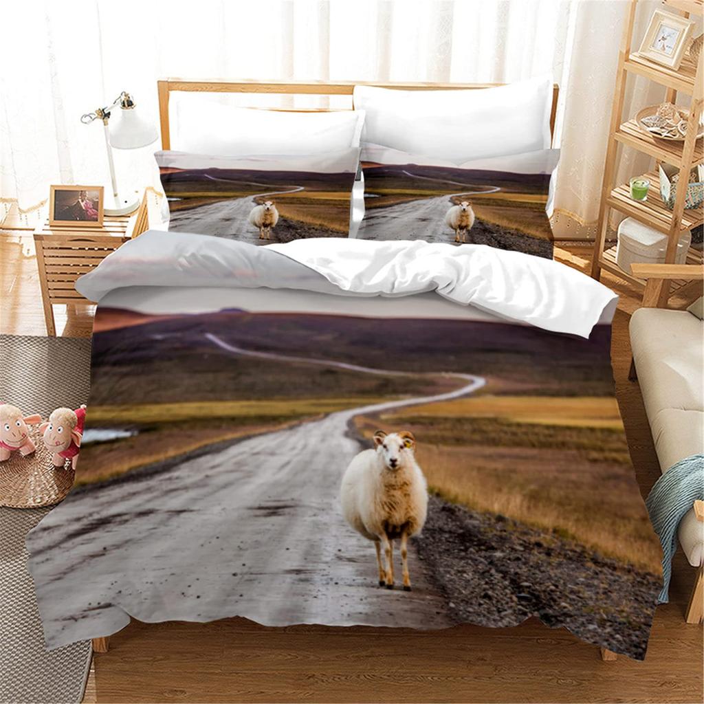 Funny Sheep King Queen Bedding Set Kids Farm Animal Duvet Cover White Little Lamb Comforter Cover 2/3pcs Polyester Quilt Cover