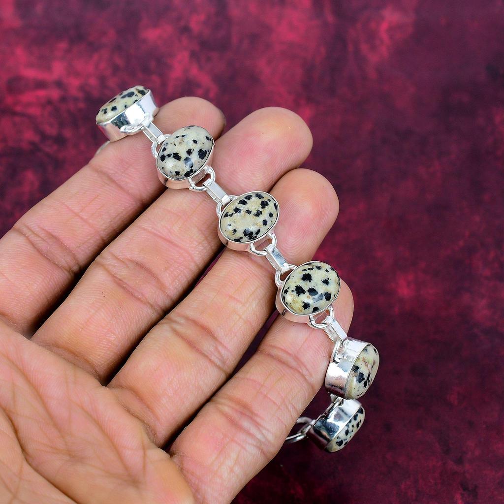 Bransoletka z jaspisu Dalamntion 925 Sterling Silver, Ręcznie robiona biżuteria z kamieniami szlachetnymi, Prezenty dla żony, Zupełnie nowa bransoletka