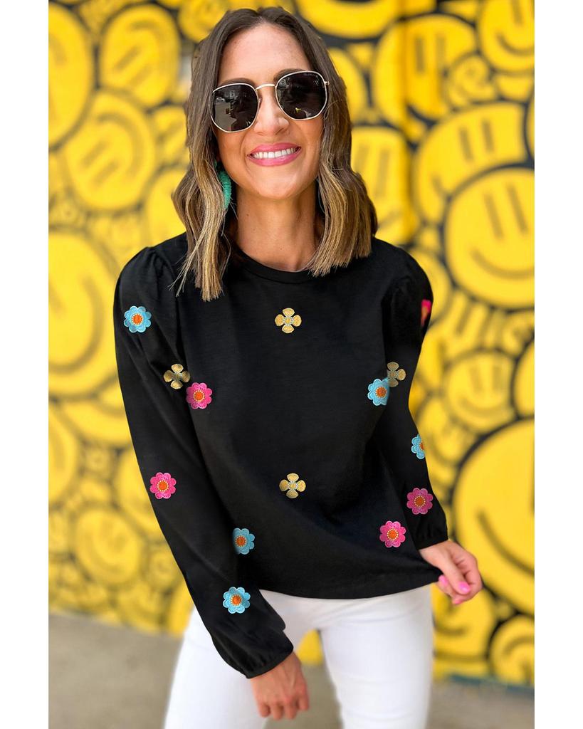 Azura Exchange Black Floral Embroidered Puff Sleeve Top